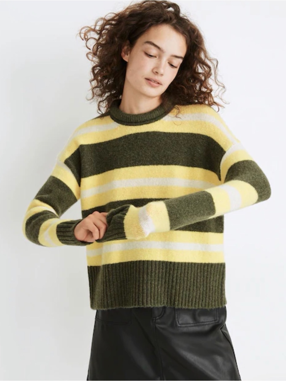 Madewell Fulton Olive, Yellow & White Striped Crewneck Wool Blend Sweater